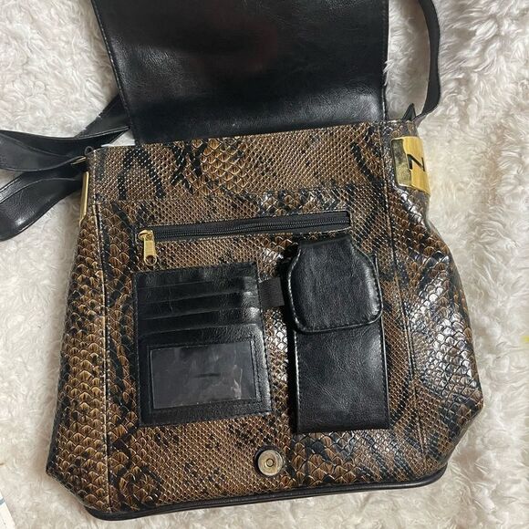 Snakeskin Pattern black and brown synthetic bucket style Shoulder Bag black trim - Picture 10 of 13